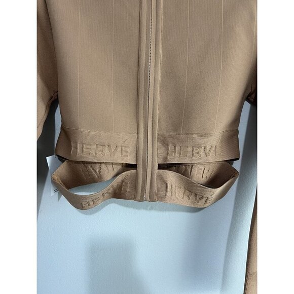 Herve Leger Long Sleeve Scoop Neck Crop Top Sun Beige NWT Small - Picture 10 of 12
